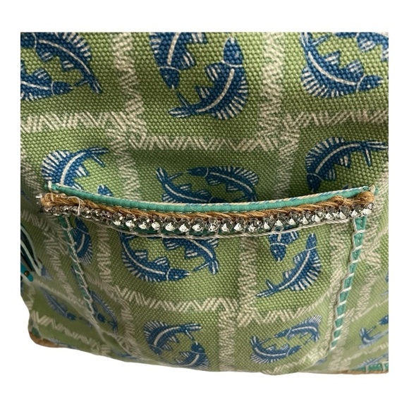 Sigrid Olsen Green tote with Blue fish pattern vintage. Canvas, Rhinestones - Picture 7 of 13